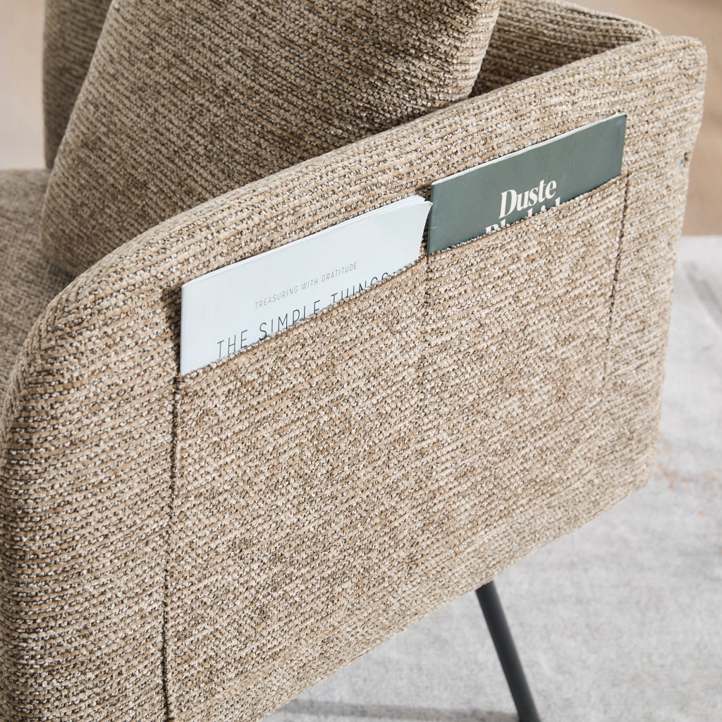 Poltrona con tavolino laterale e tasche laterali; seduta imbottita in ciniglia kaki 86 Ã— 72 Ã— 71 cm