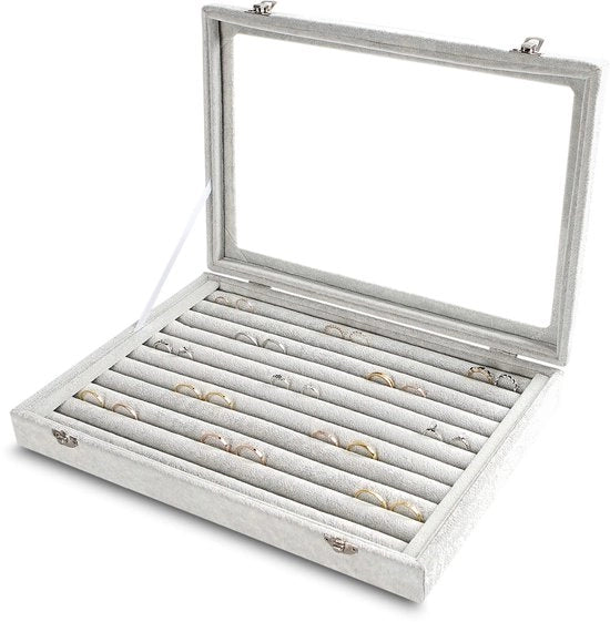 Cassetta di conservazione per anelli e orecchini con coperchio trasparente, 10 slot, contenitore in velluto, display per gioielli con coperchio in vetro trasparente, (grigio, 10 slot)