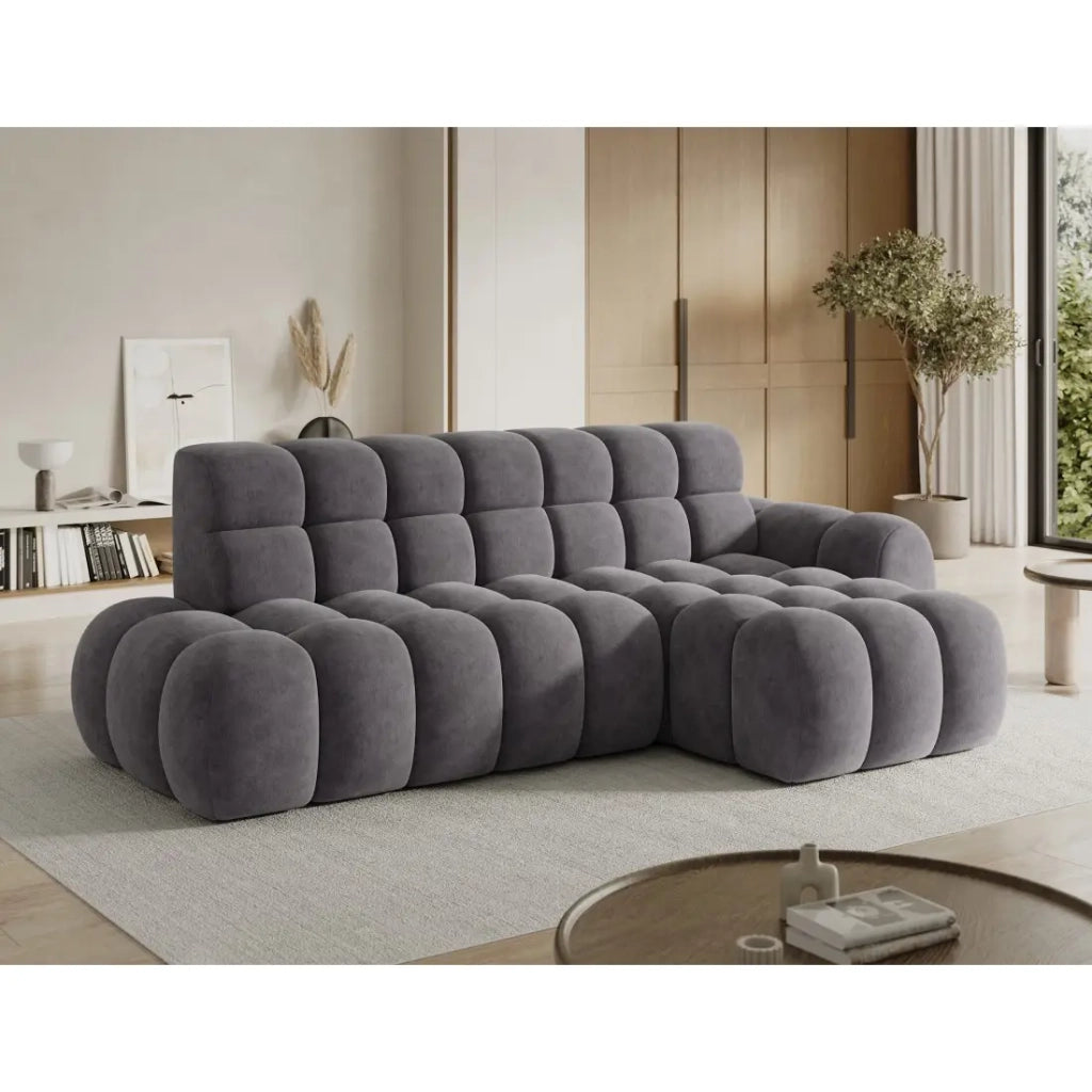 Divano angolare convertibile BULLA 3 posti grigio angolo destro - tessuto effetto alcantara con estensione della seduta elettrica