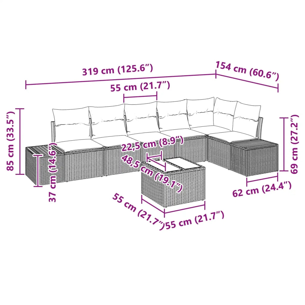Set Divano da Giardino con cuscino 7 pcs Marrone polyrattan