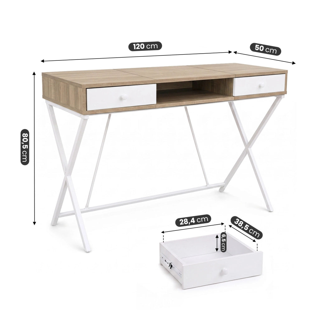Scrivania PC industriale Rovere Sonoma CROSSLINE 120 cm 2 cassetti 1 ripiano gambe bianche
