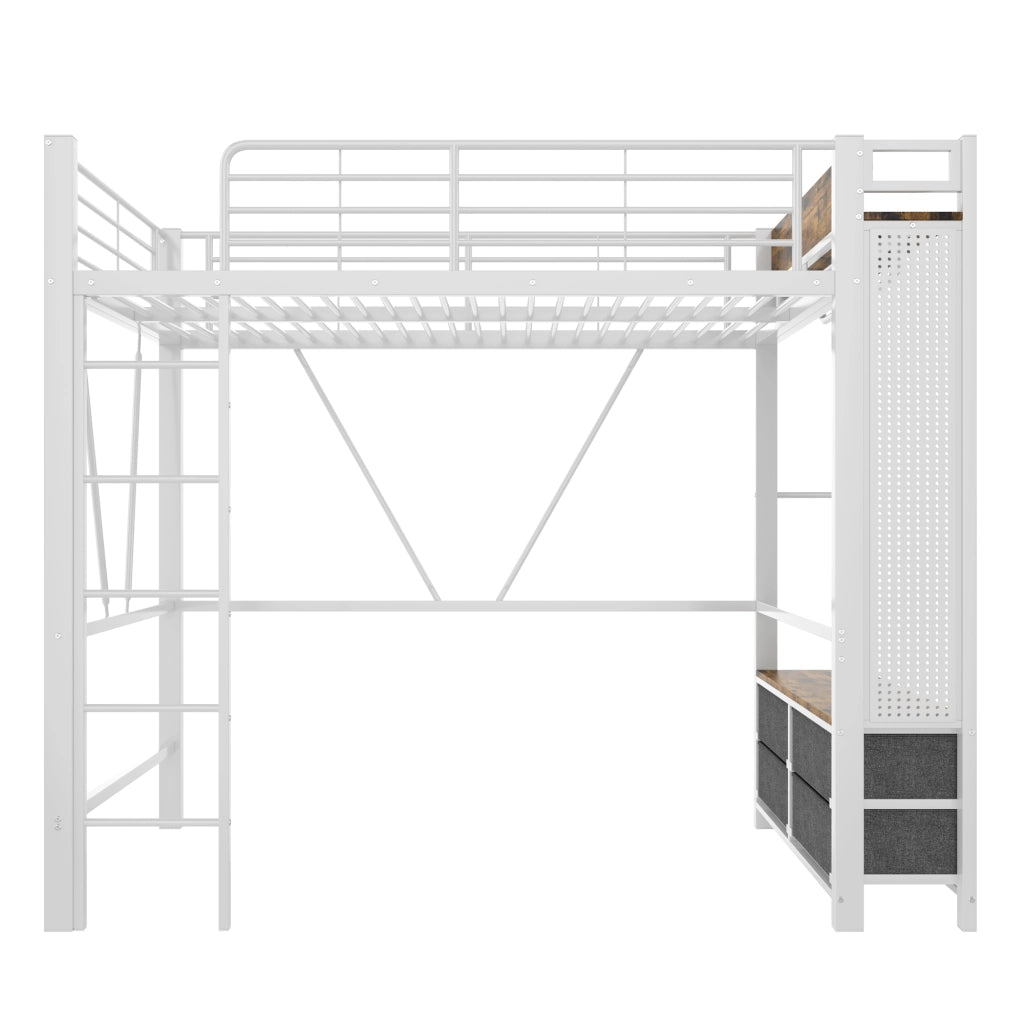 Letto a soppalco singolo 90 x 200 cm in metallo e MDF; bianco; con 4 cassetti e LED