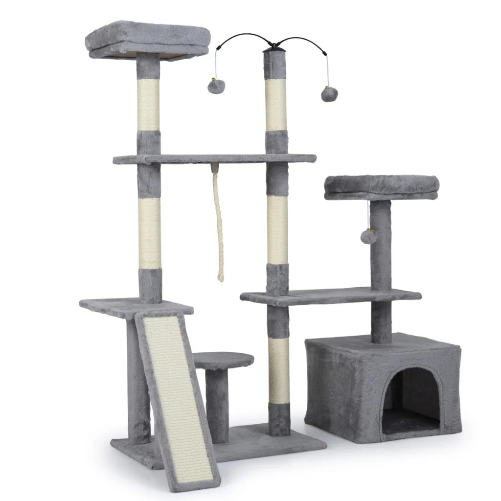 Tiragraffi 136 x 70 x 121 cm con 2 posatoi imbottiti e tiragraffi in stile scandinavo in peluche grigio chiaro 20_0015866