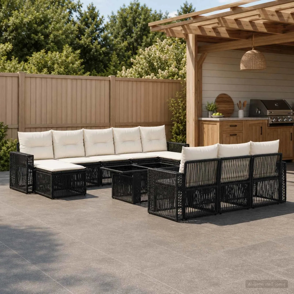 Set Divano da Giardino 11 pz Nero e Bianco Crema polyrattan 3436852