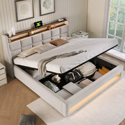 OKWISH Letto Contenitore 140×200 cm, Letto Matrimoniale con LED Regolabile, 2 USB e Mensola, senza Materasso, in Lino, Beige
