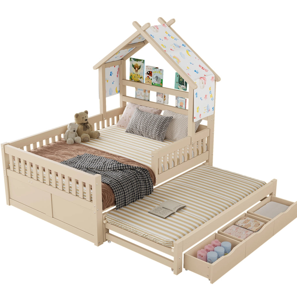 Letto a casetta 140x200 cm con letto estraibile; 3 cassetti e sponde di sicurezza; crema