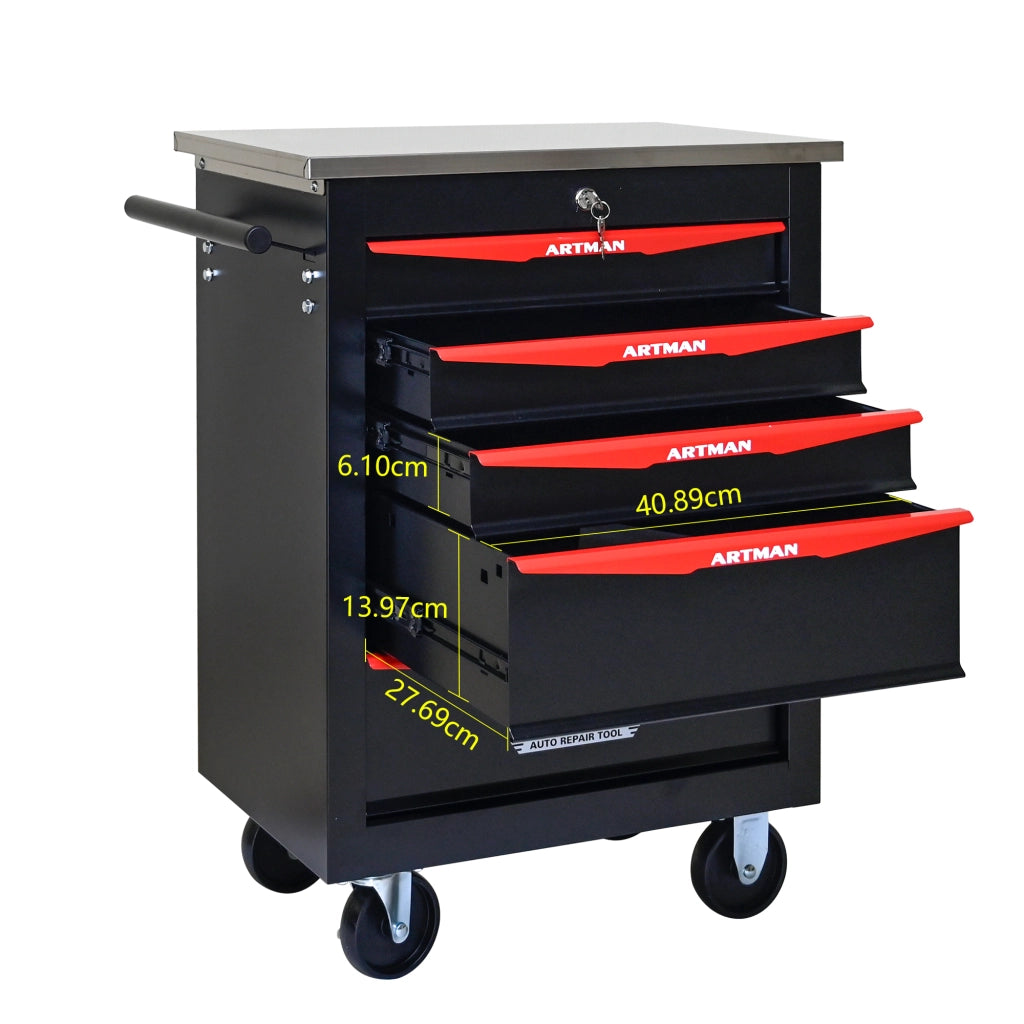 Mobile contenitore con 5 cassetti e ruote in acciaio per garage e officina, con chiusura a chiave, nero rosso