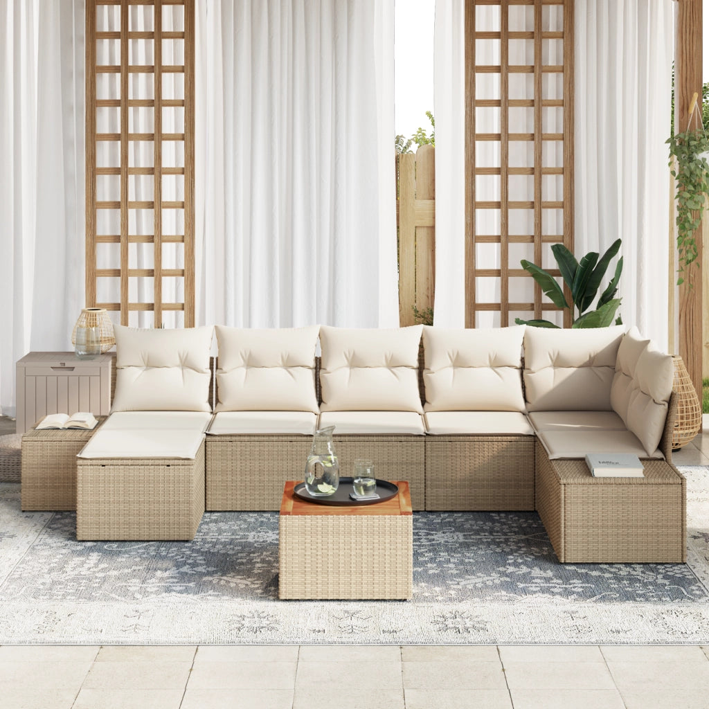 Set di Divani da Giardino 8 Pezzi con Cuscini Beige in Polyrattan e Acacia