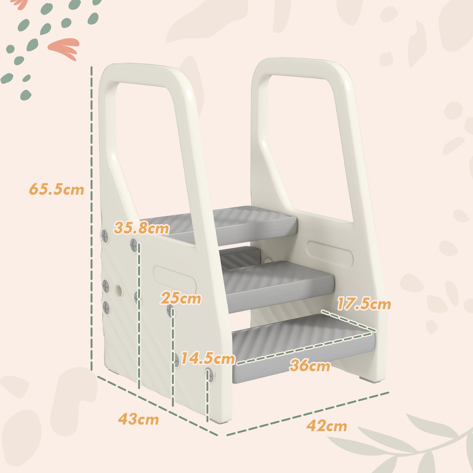 Scaletta per Bambini  3 Gradini in HDPE 43x42x65,5 cm Grigio e Bianco Crema
