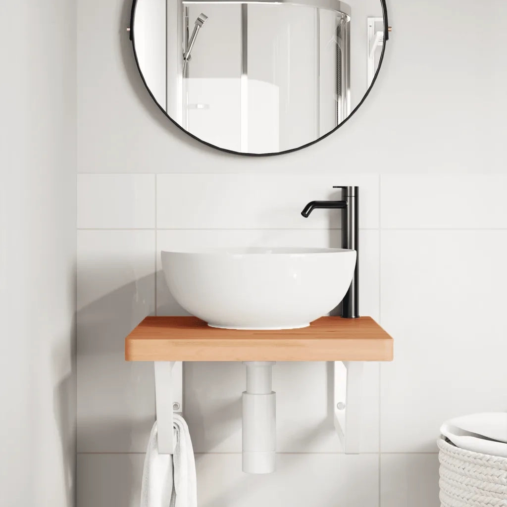 Ripiano a Parete per Lavabo-Mensole a Muro in Acciaio e Massello di Faggio 467524