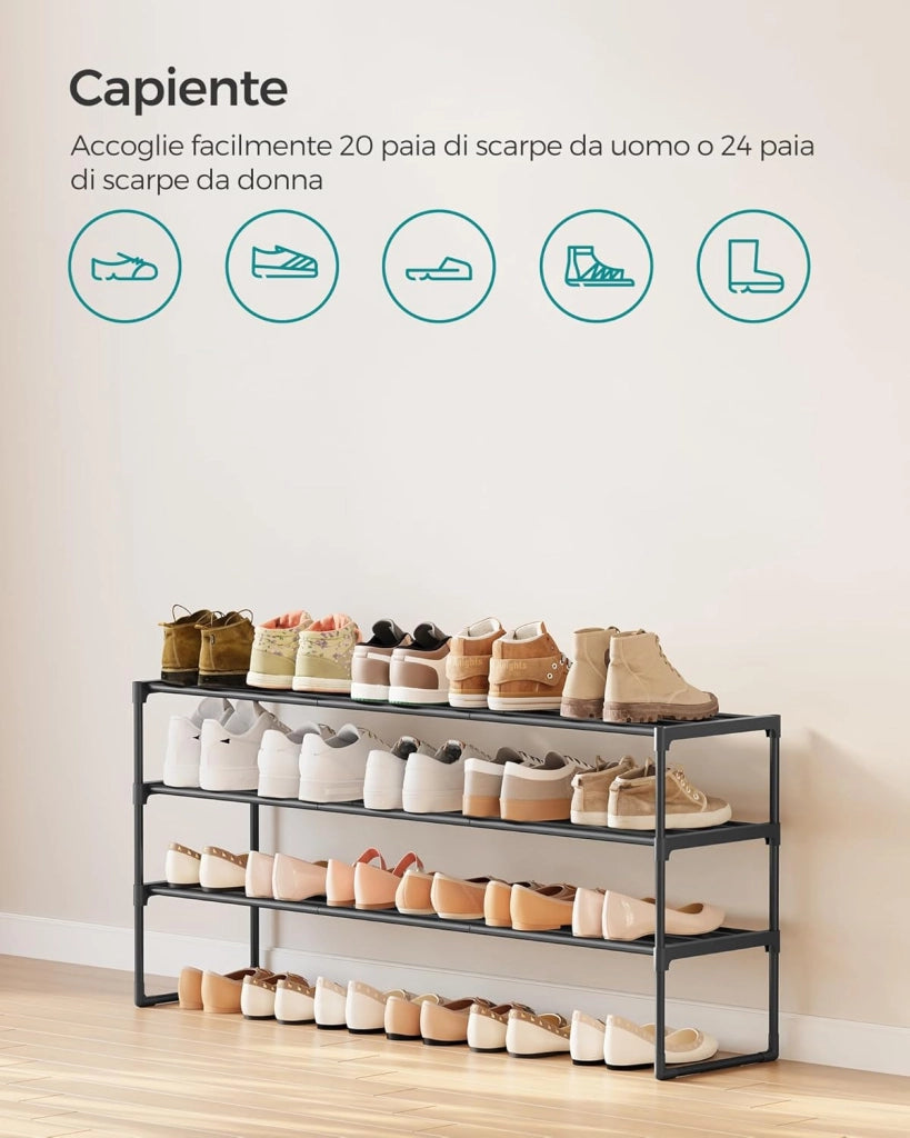 Scarpiera a 3 Ripiani, Scaffale Portascarpe in Metallo, per 20-24 Paia di Scarpe, Verticale o Capovolto, Impilabile, Ingresso, 30 x 117 x 55 cm, Nero LSA033B01