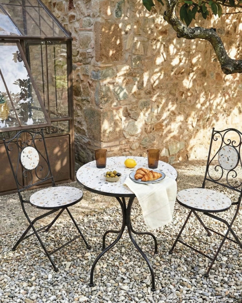 Set di 2 sedie da giardino in metallo nero con struttura in ferro e motivo effetto terrazzo stile vintage da esterno