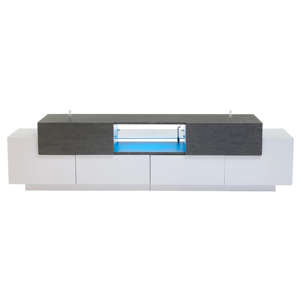Mobile porta TV con LED, 2 cassetti, 4 ante e 3 ripiani aperti in truciolare e vetro, bianco e grigio 180 × 40 × 45 cm