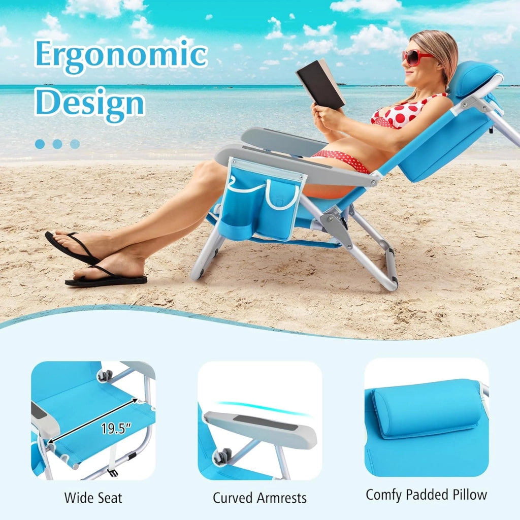 Sedia da Spiaggia Pieghevole con Zaino, Sedia da Campeggio in Alluminio Reclinabile con Schienale Regolabile in 5 Posizioni, Porta Asciugamani (65 x 66 x 78 cm,Blu,1)