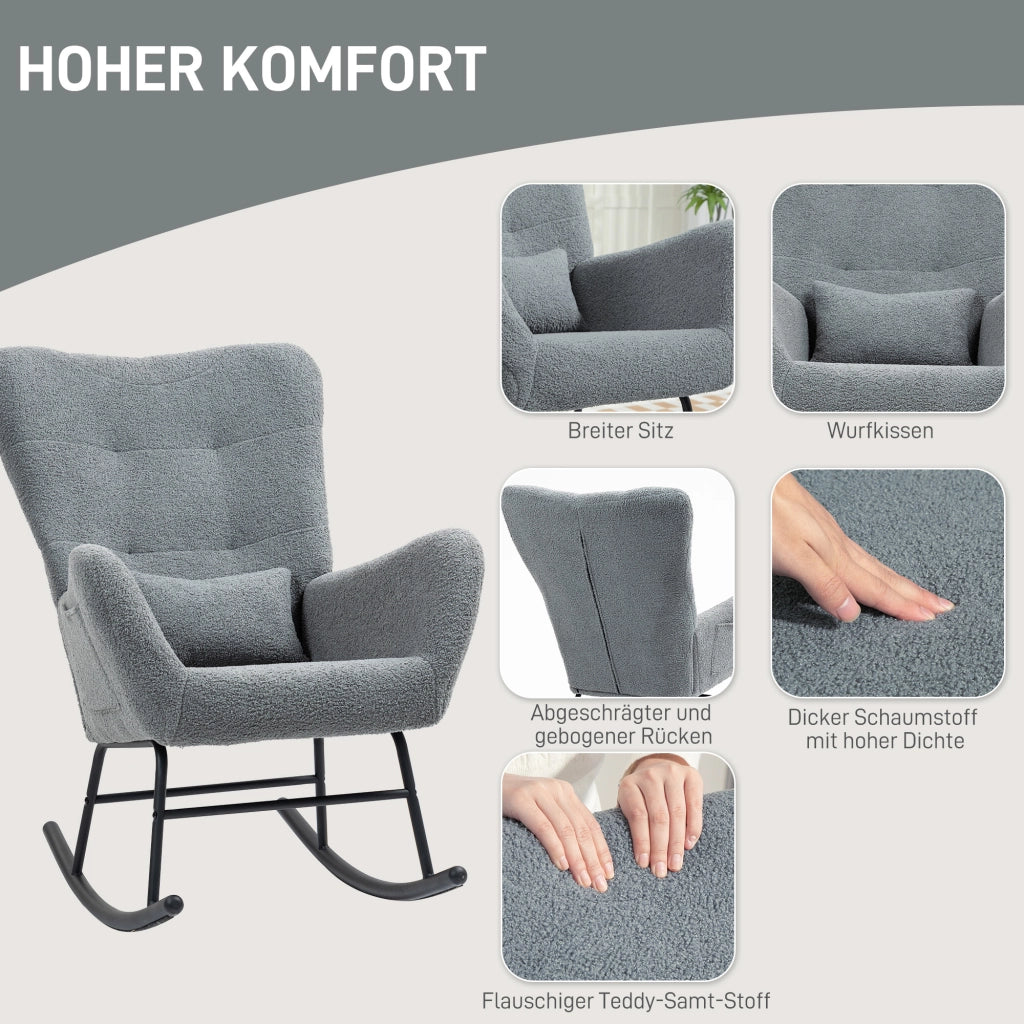 Sedia a dondolo con tasca laterale e struttura in metallo con tessuto teddy grigio per relax quotidiano 67 × 95 × 100 cm