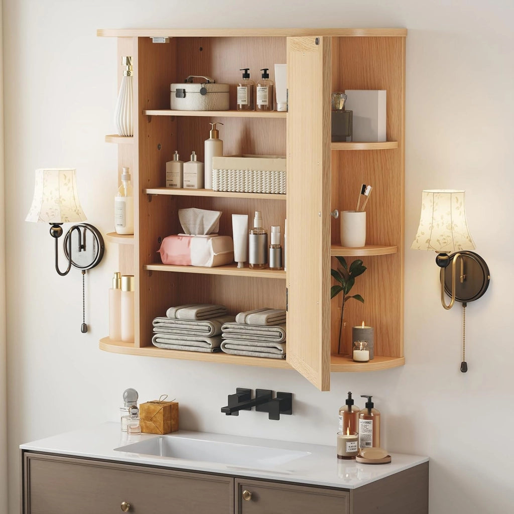 Armadietto Bagno a Parete, Mobiletto Pensile in Legno con Ante di Specchio, 6 Scomparti Laterali e 4 Ripiani di Stoccaggio, 3 Colori Disponibili, 65x17x64cm (Naturale)