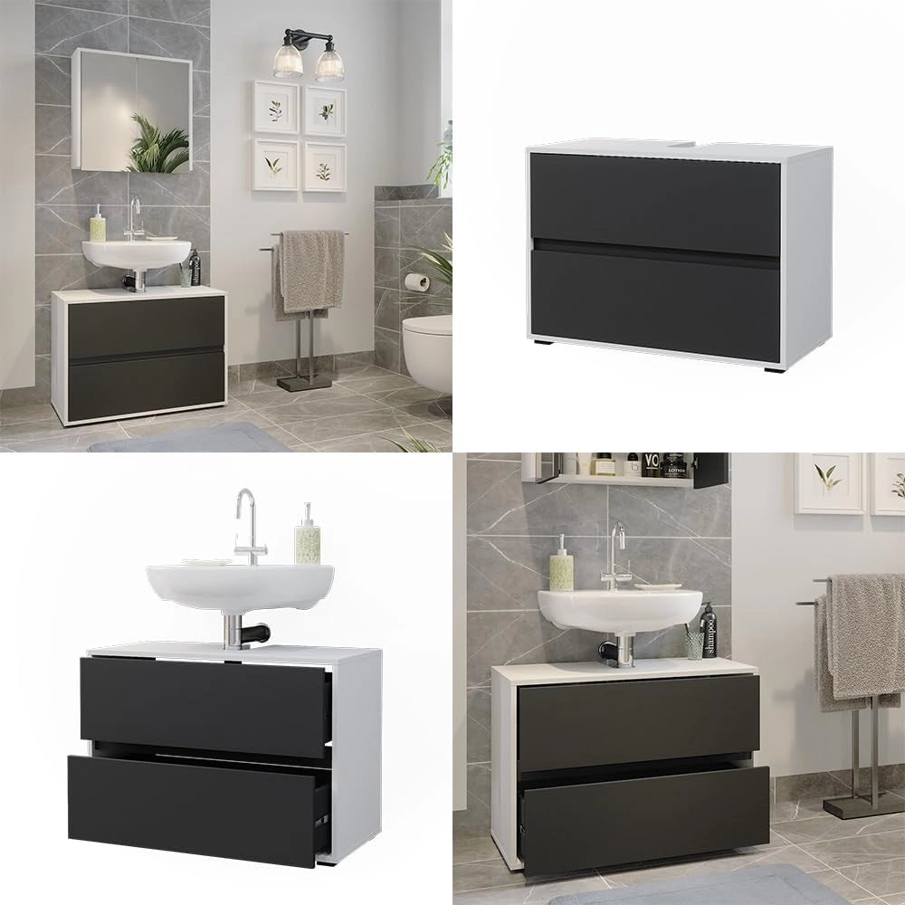 Mobile sottolavabo per bagno Maltin, Bianco/antracite, 80.2 x 58.2 cm con due ampi cassetti, con ritaglio per sifone e soluzione salvaspazio per il bagno