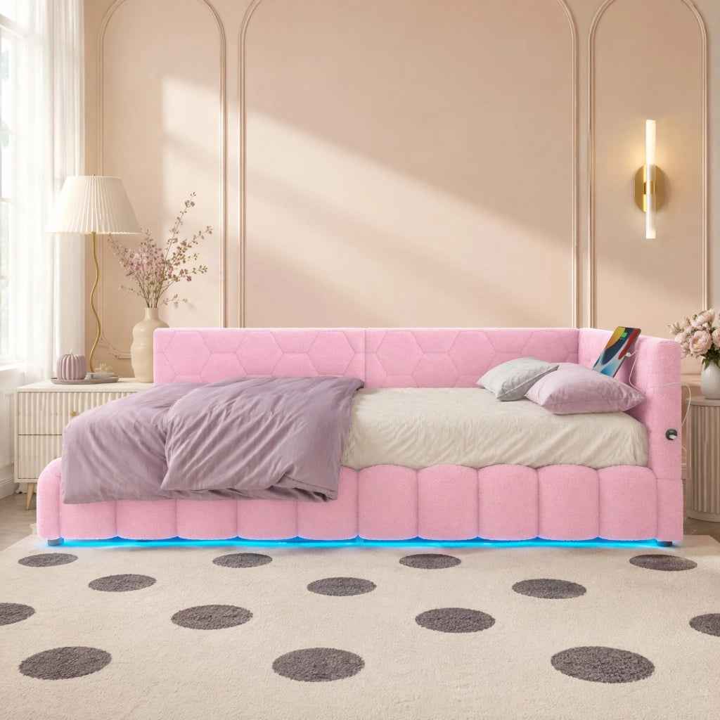 LETTO 90x200 cm Rosa in Vliesimitat e MDF con luce LED, USB e Type-C