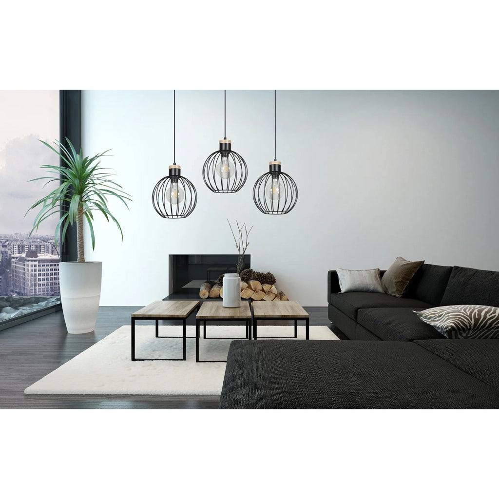 Lampadario 3 Luci Morgana Paralumi A Gabbia In Acciaio Nero E Legno Naturale
