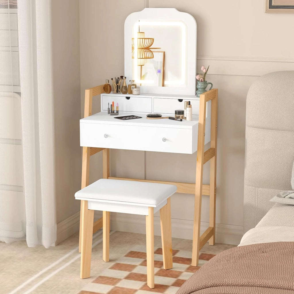 Set da toeletta compatto con sgabello imbottito, specchio illuminato in 3 colori e 3 cassetti, tavolo da trucco con altezza regolabile, 64 x 40 x 130 cm, bianco
