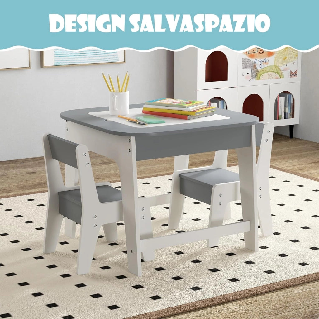 Set Tavolo e 2 Sedie per Bambini, con Lavagna Reversibile, Tavolo Multiattività con Vano Portaoggetti Nascosto e Sedie, per Bambini da 3-6 Anni, per Cameretta e Soggiorno (Grigio)