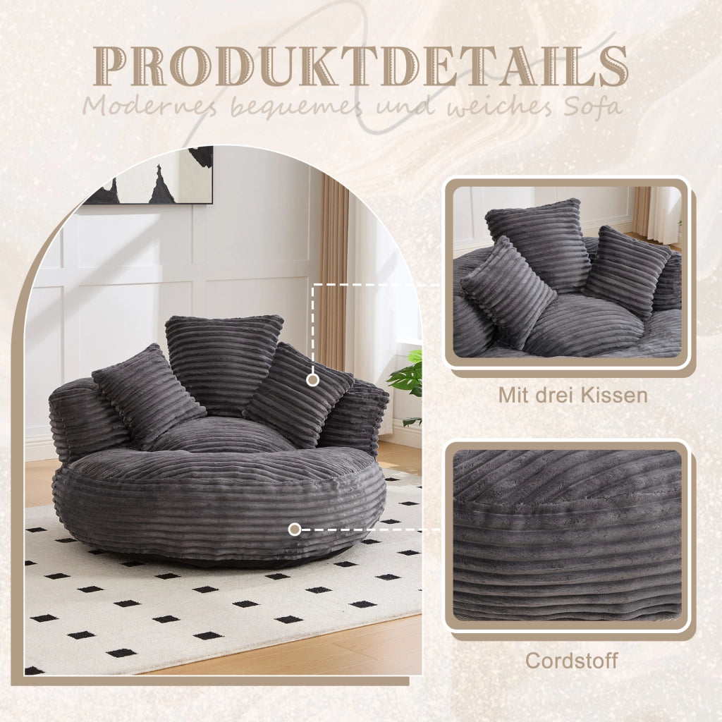 Poltrona Pouf Con Schienale Alto E Braccioli; 3 Cuscini; Seduta Ampia Comfort Lounge; in Velluto A Coste Grigio Scuro