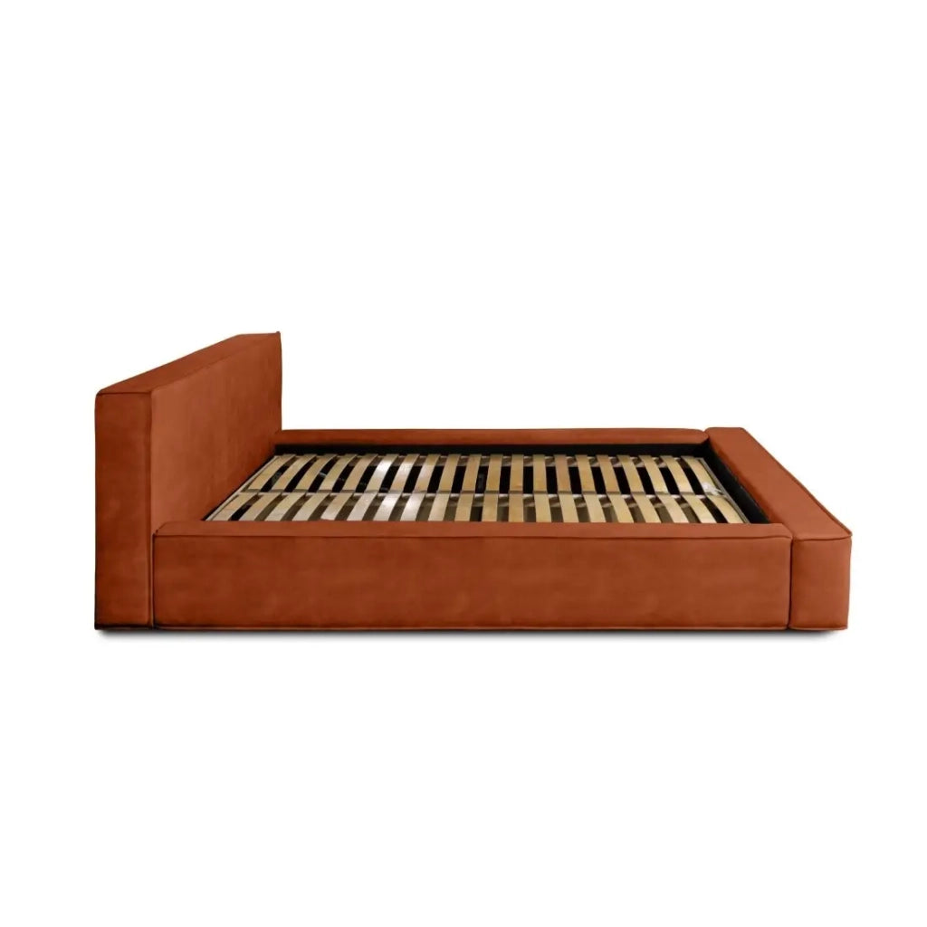 Letto contenitore VELORA – Terracotta – 140x200 cm – Tessuto velluto morbido – Rete sollevabile – Spazio di stoccaggio integrato