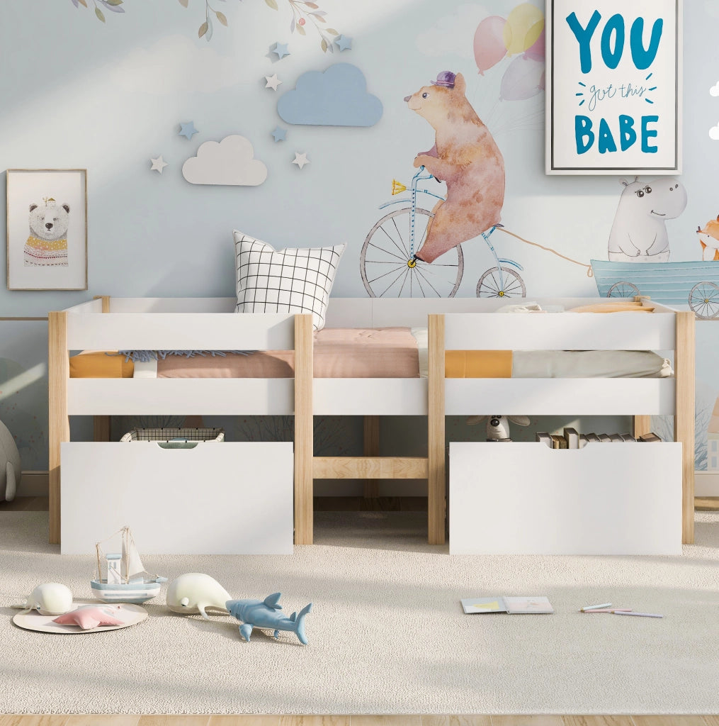 Letto per bambini 90x190 cm semi alto con cassetti e barriera; legno bianco (Senza materasso)