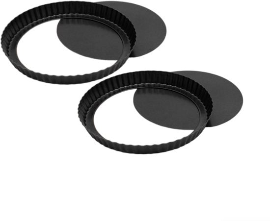 2 forme per torta antiaderente con fondo rimovibile, forme a forma di cerchio ondulate, adatte per torte, torte e vla, acciaio inossidabile, nero, 22*22*3 cm
