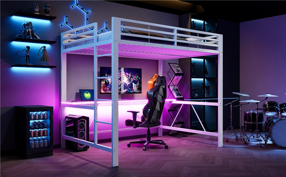 Letto a soppalco gaming 140x200 bianco con scrivania luci LED e presa USB