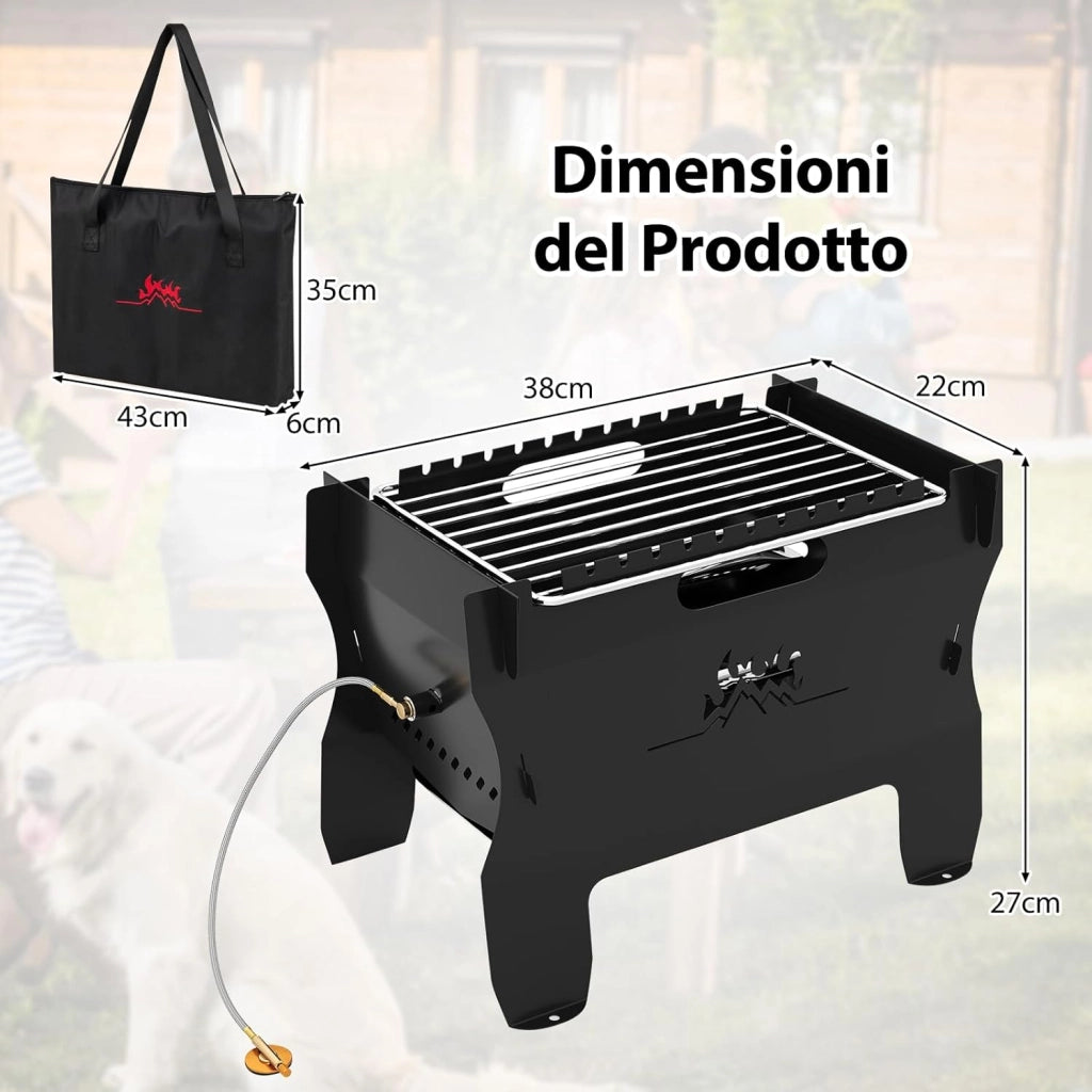 2 in 1 Griglia Barbecue, Barbecue Portatile a Doppio Combustibile con Griglia in Acciaio Inox e Borsa per Trasporto, Grill Esterno a Carbone e Legna per Picnic