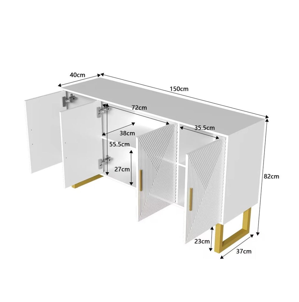 Credenza 150x40x82 cm con 4 ante e ripiani regolabili; MDF e pannello truciolare bianca