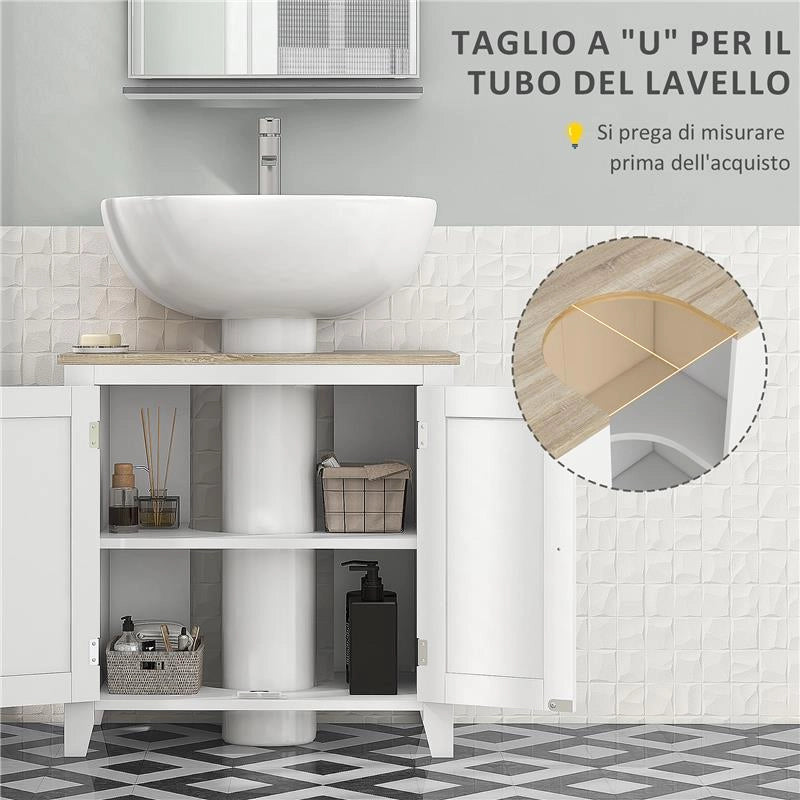 MOBILE SOTTOLAVABO BAGNO A U CON RIPIANO REGOLABILE INTERNO, IN MDF, 60X30X60 CM, BIANCO E COLOR LEGNO