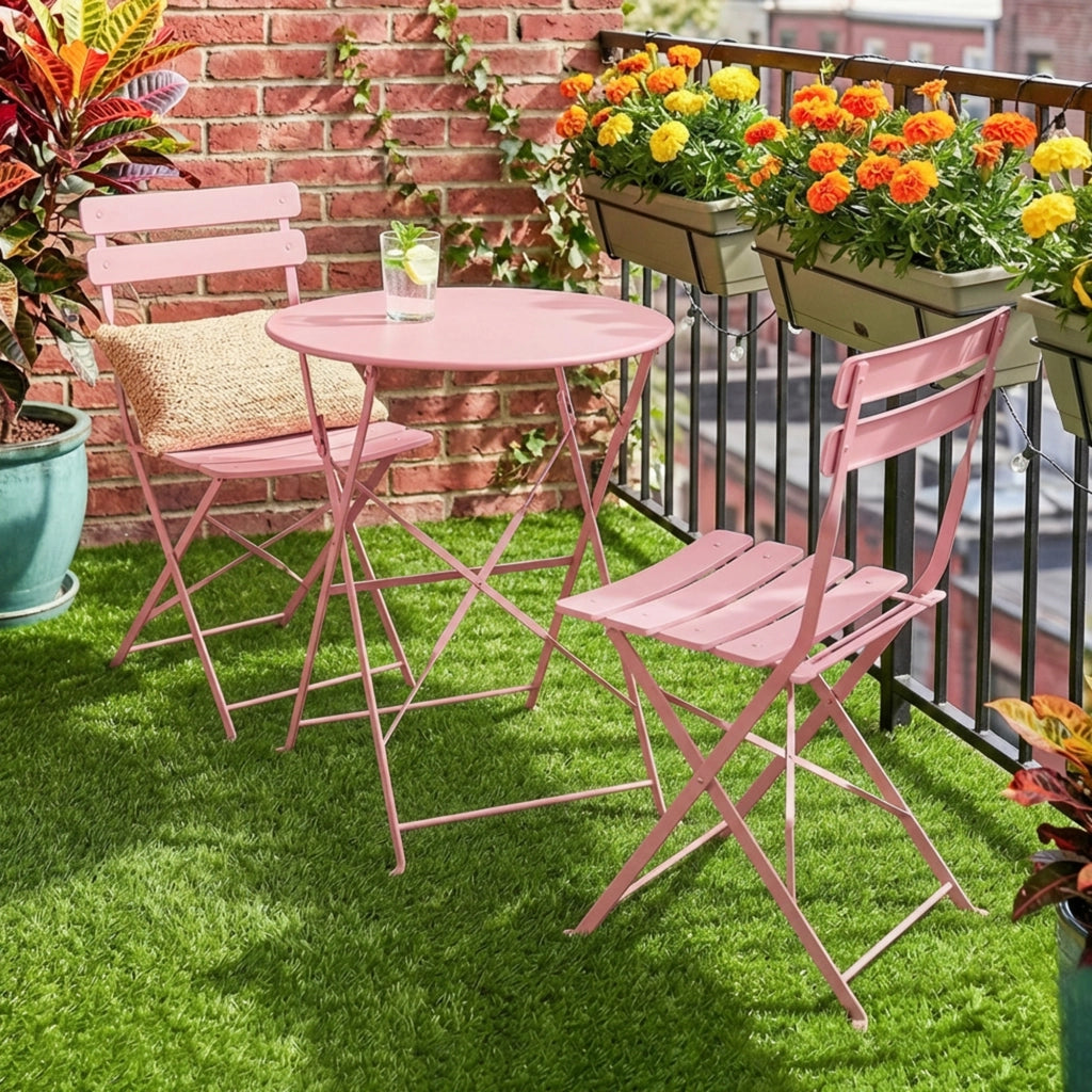 Set da giardino con tavolo e 2 sedie pieghevoli ¨C zephmum ¨C rosa, polipropilene, metallo