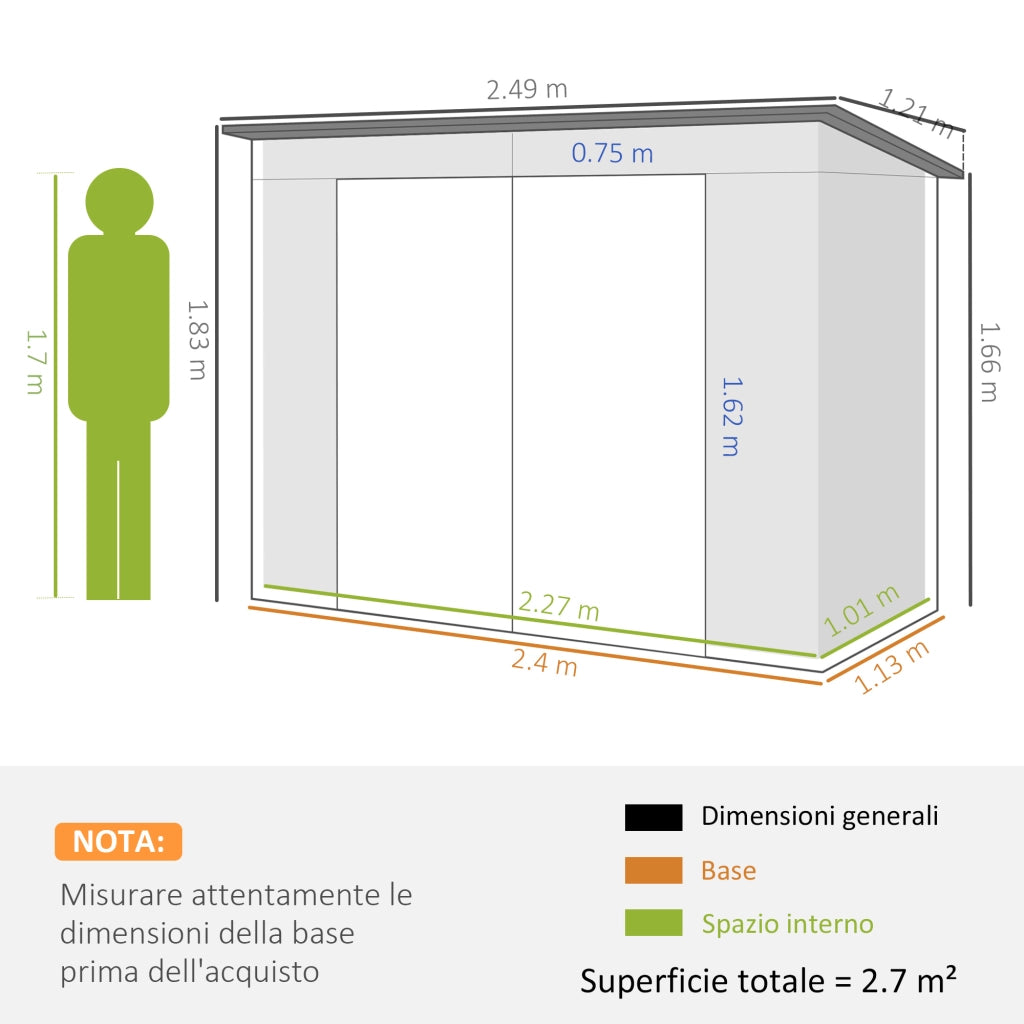 Capanno Porta Attrezzi 249x121x183 cm con 2 Prese d'Aria e Chiavistello in Acciaio Grigio Chiaro