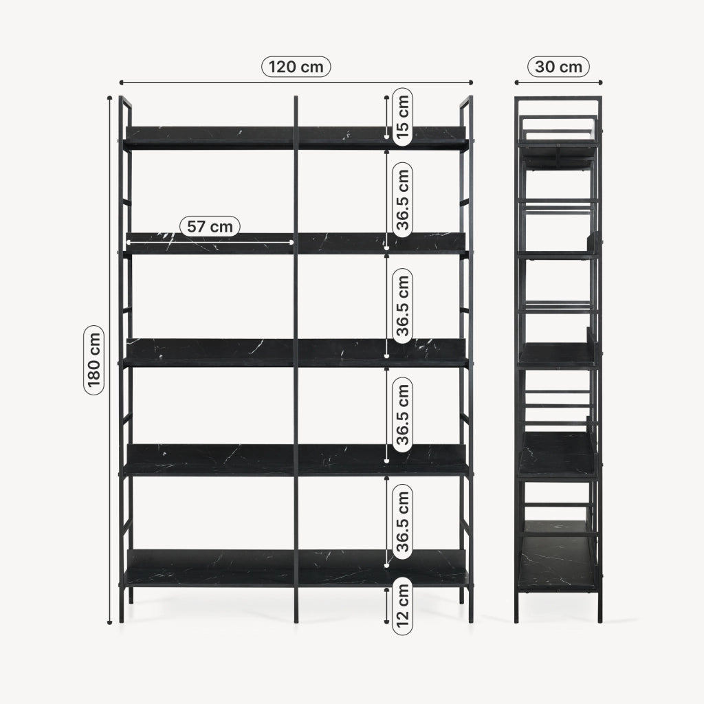 Libreria Noskik Scaffale da Terra con Ripiani 180 x 120 x 30 cm - Nero / Effetto Marmo Nero [en.casa]