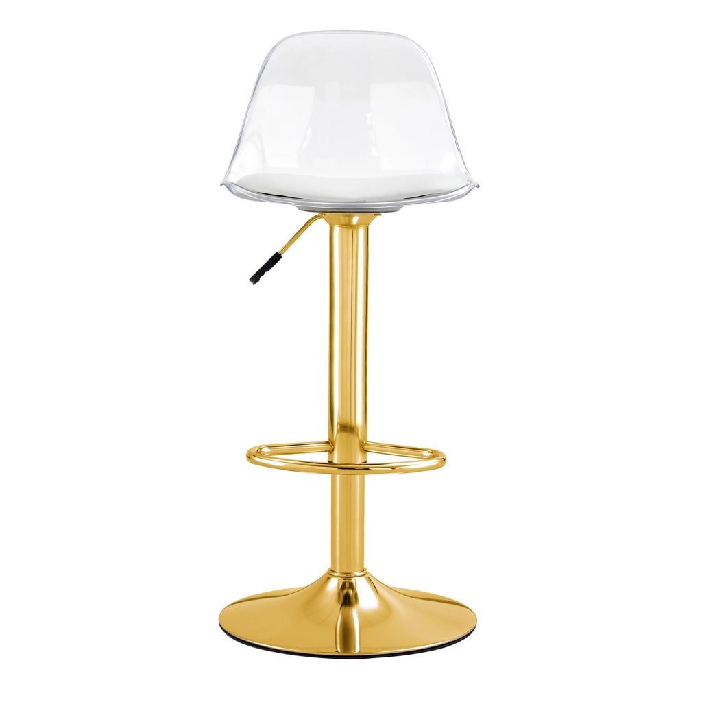 Set di 2 sgabelli da bar con schienale trasparente; altezza regolabile; seduta girevole; metallo e plastica; Oro Trasparente