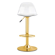 Set di 2 sgabelli da bar con schienale trasparente; altezza regolabile; seduta girevole; metallo e plastica; Oro Trasparente