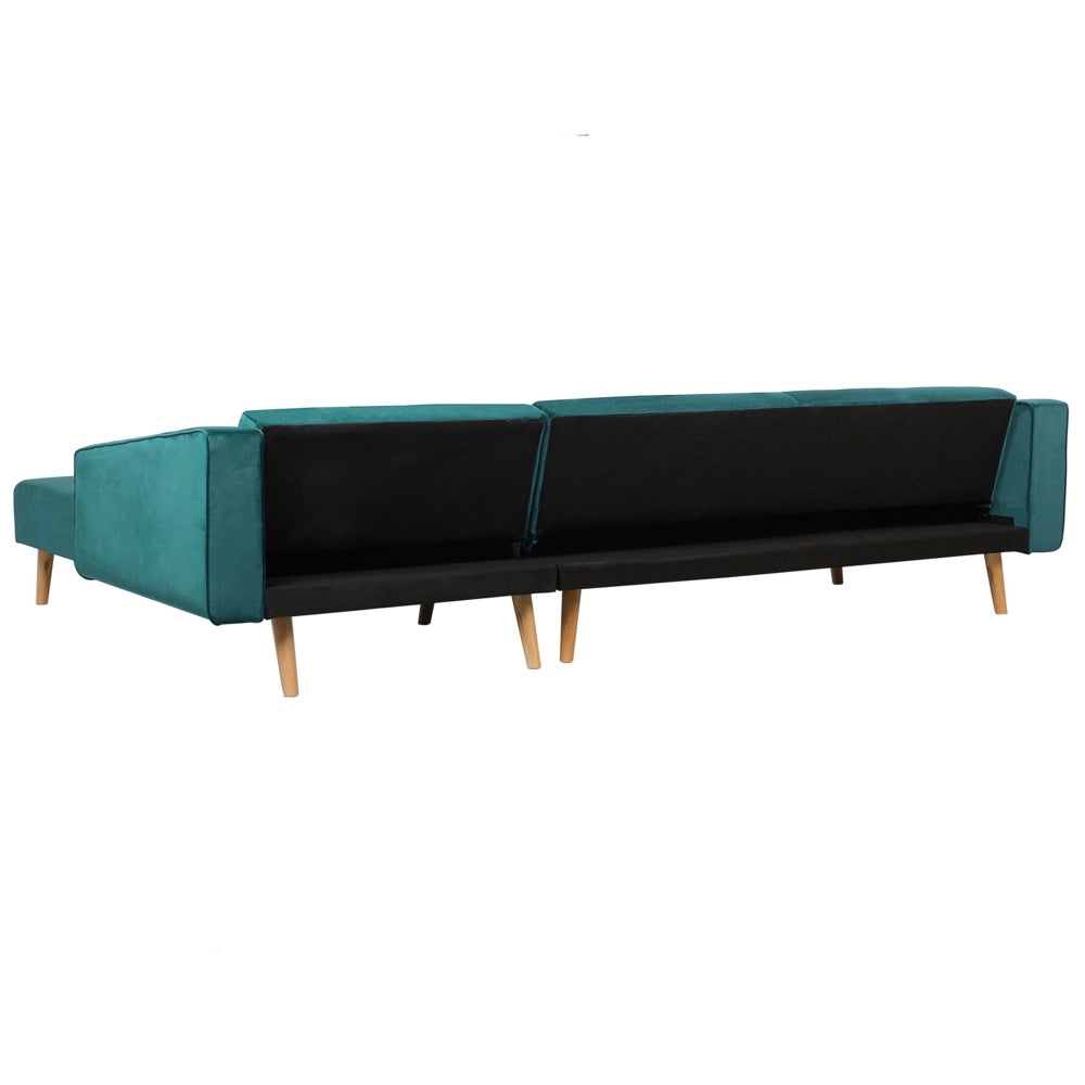 Divano letto ad angolo con 3 cuscini Rivestimento in velluto verde Gambe in legno chiaro Chaise longue reclinabile versione sinistra a 4 posti