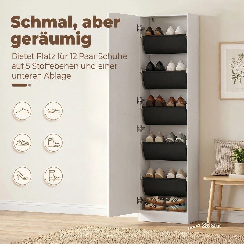 Scarpiera stretta con specchio, 5 ripiani e vano inferiore, chiusura ammortizzata per ingresso, 50 × 20 × 180 cm, bianco