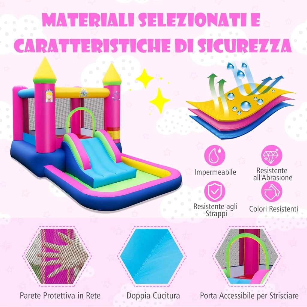 4-in-1 Castello Gonfiabile per Bambini, Castello a Tema Principessa con Scivolo, Area Salto, Canestro da Basket e Vasca per Palline, Giochi Gonfiabile per 3-12 Anni (Senza Soffiatore)