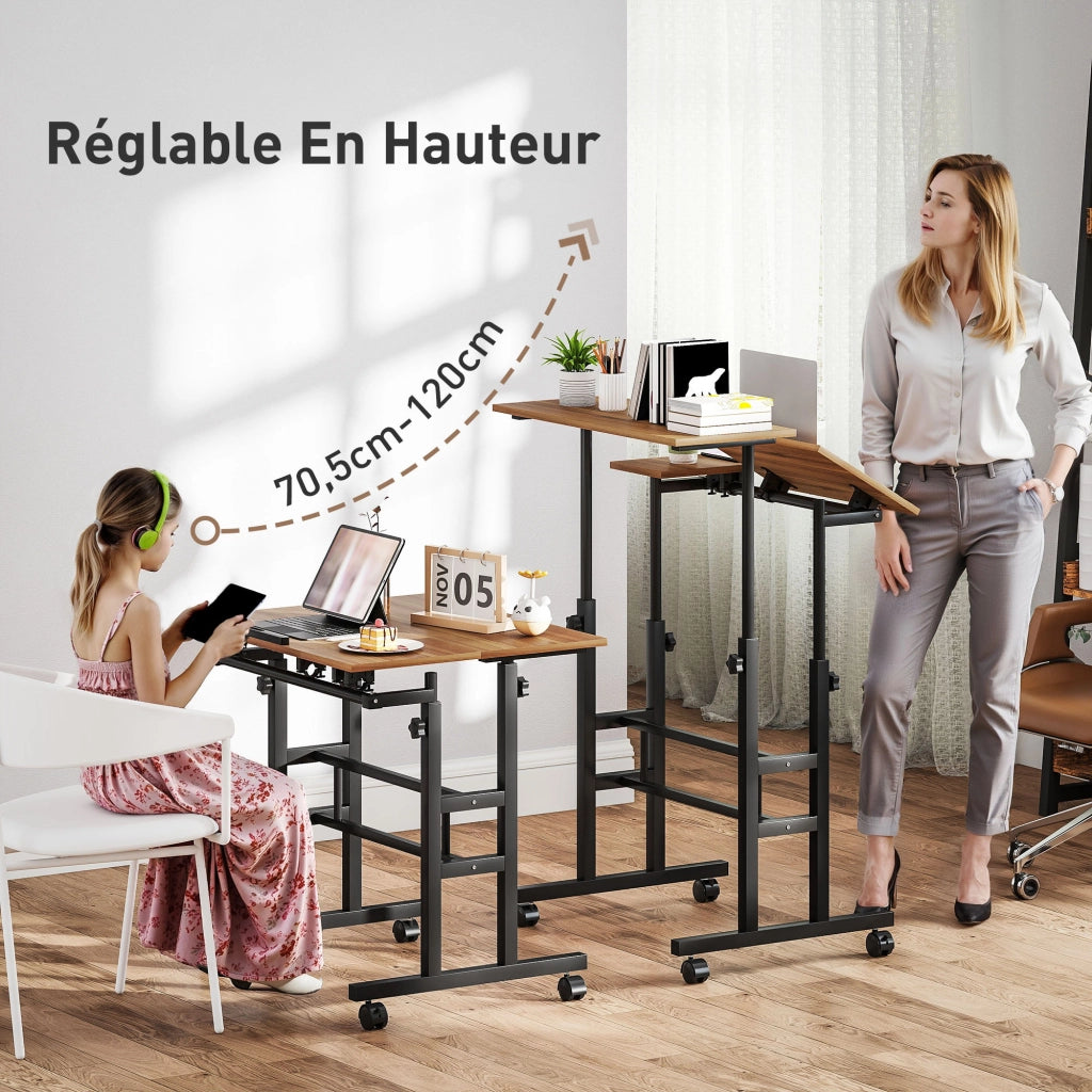 Scrivania regolabile in altezza ¨C zephmum ¨C marrone metallo 70x60 cm con ruote