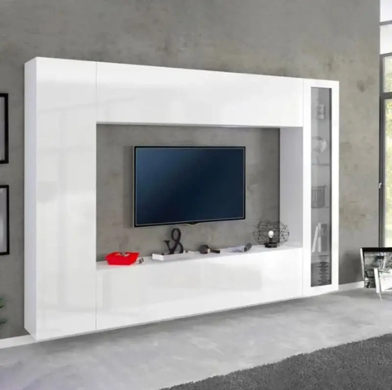 Parete attrezzata bianco lucido porta TV colonna vetrina pensile Joy Ledge