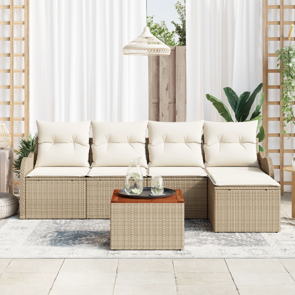 Set Divano da Giardino  6 Pezzi con Cuscini Beige Polirattan Acacia