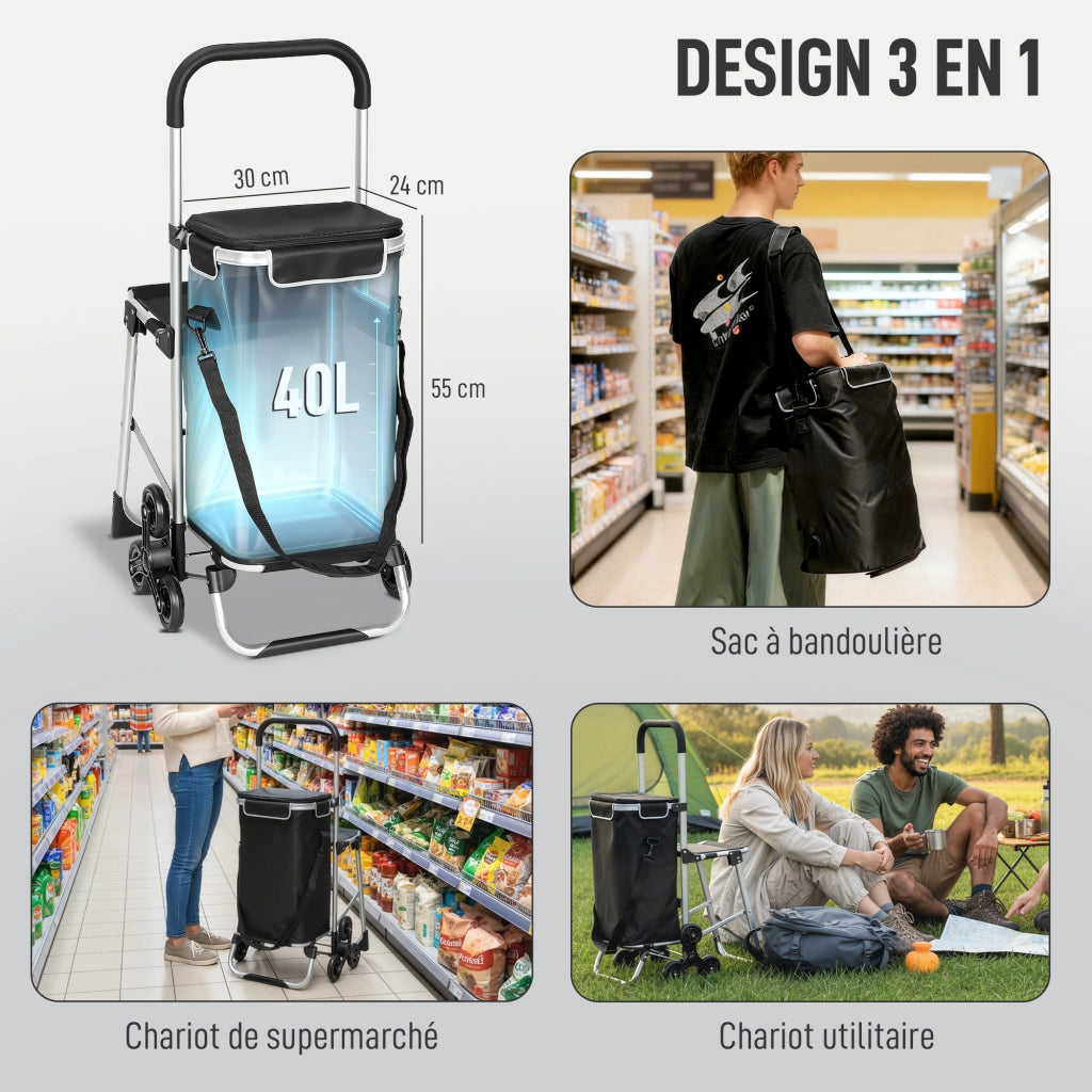Carrello per la spesa pieghevole con sedia e sacchetto ¨C Zephmum ¨C Nero 46x59.5x97cm