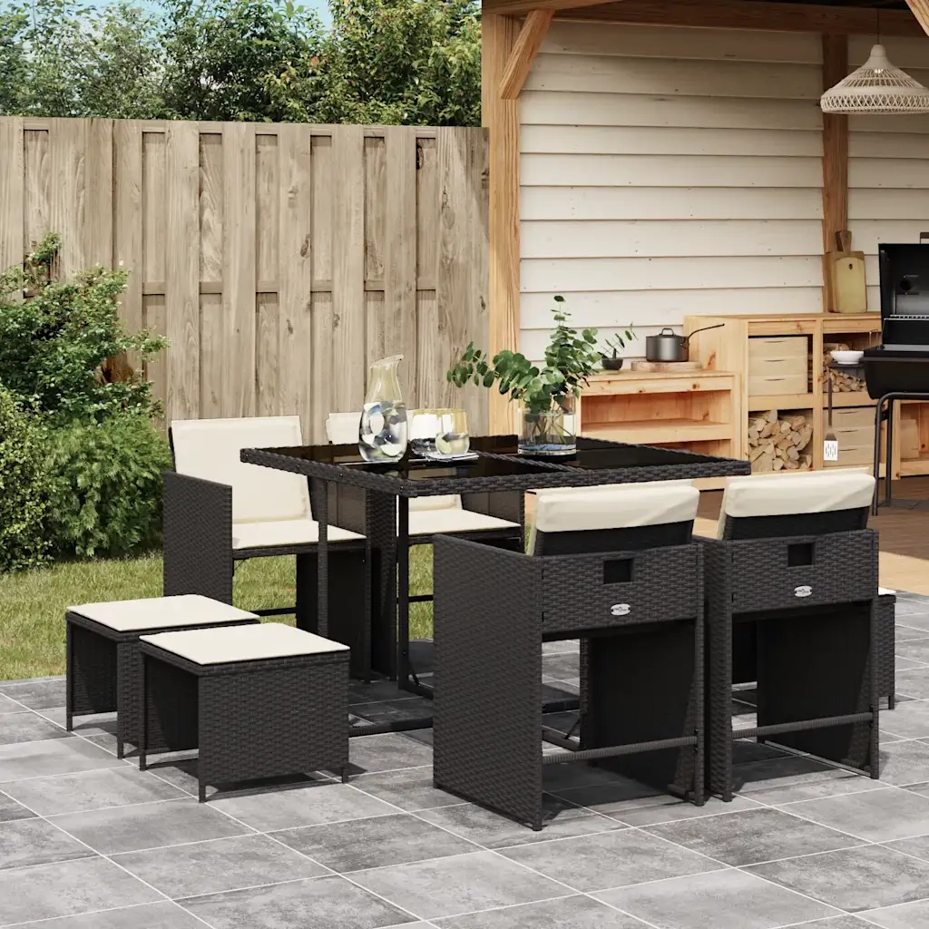 Set da Pranzo da Giardino 9 pz | Set Salotto da Giardino con Cuscini Nero in Polyrattan