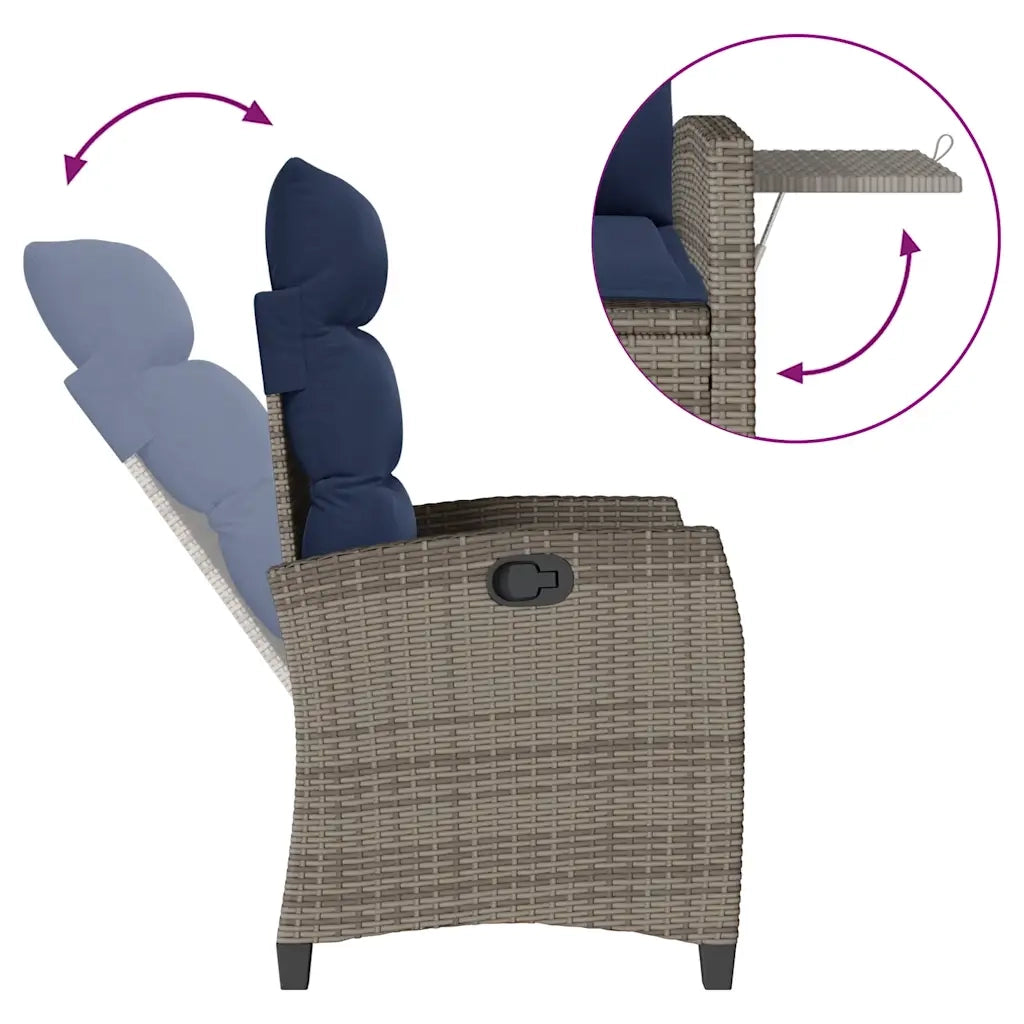 vidaXL Sedia Reclinabile da Giardino con Tavolino Grigio Polyrattan