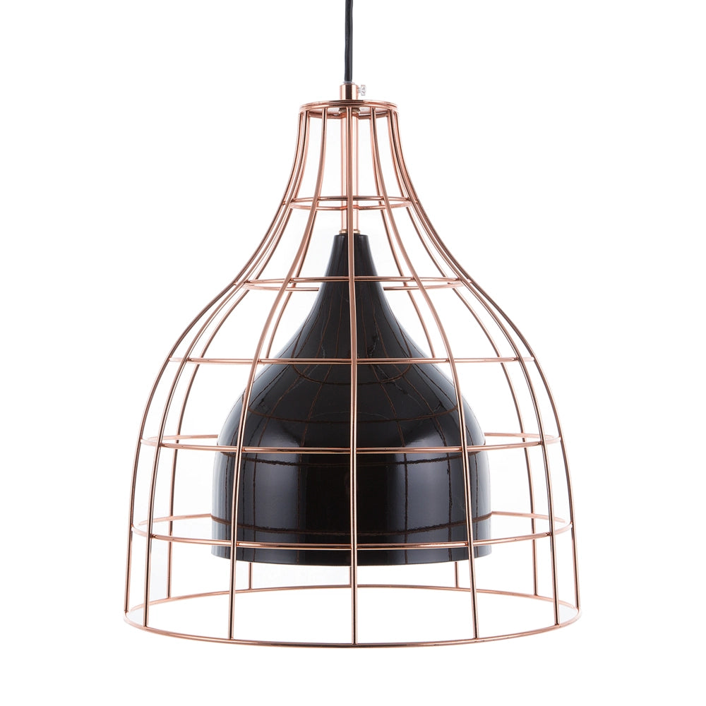 Lampada a sospensione in metallo Nero e rame con paralume a gabbia in rame industriale