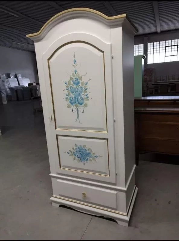 Armadio shabby 1 porta legno bianco anticato decori filo ocra 96x56x196 - Mobili 2G