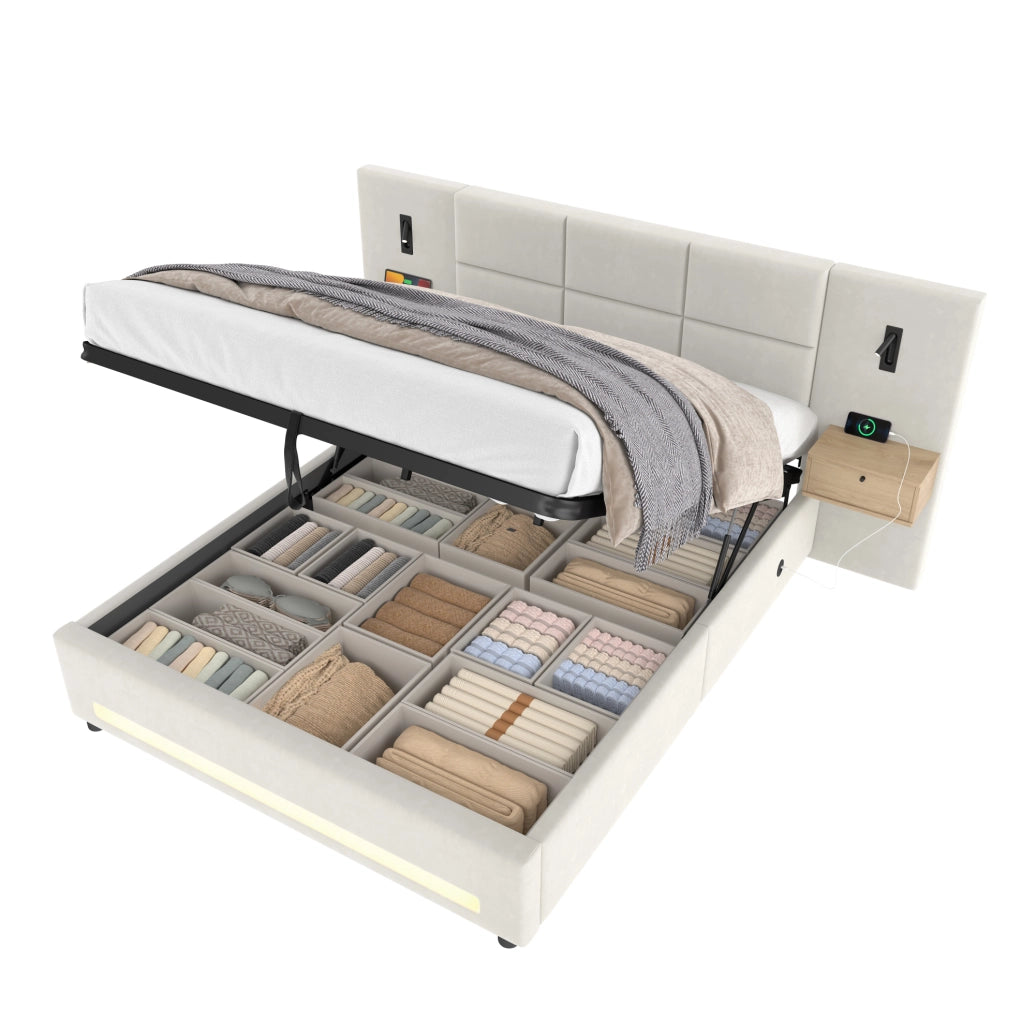 Letto imbottito 250x210x105 cm con testiera con contenitore; USB-C; LED; velluto beige